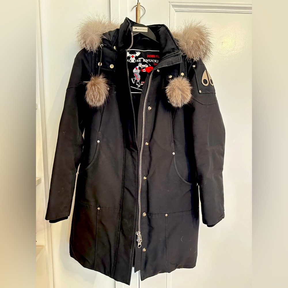 Women’s Black Moose Knuckles Stirling Down Parka w/Blue Fox Fur, Size Small